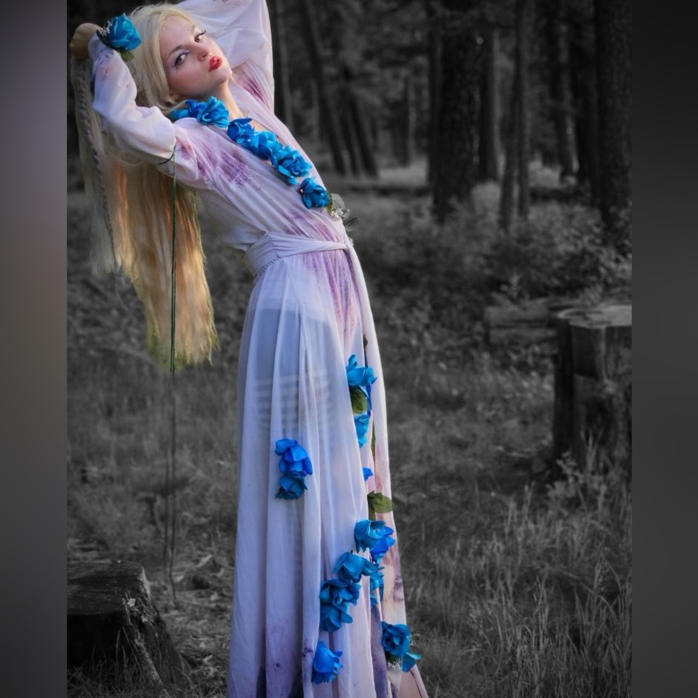 Elegant Floral Gown with Blue Accents